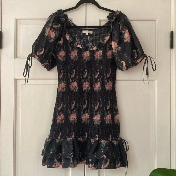 $495 Loveshackfancy Violet Dress Silk Ruffle Mini Smocked Dolce L Large Floral - Picture 5 of 15